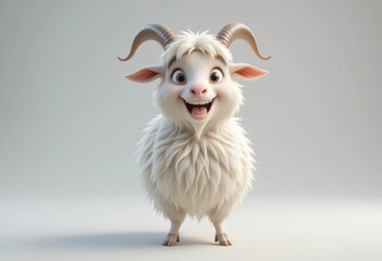 Cartoon Smiling Goat with Curly Horns on a Soft White Background