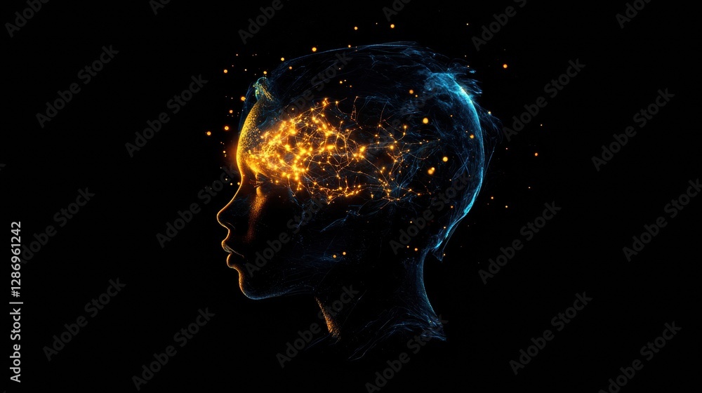 Poster Profile view of a human head with glowing neural connections depicting the concept of artificial intelligence and cybernetics. Generative AI