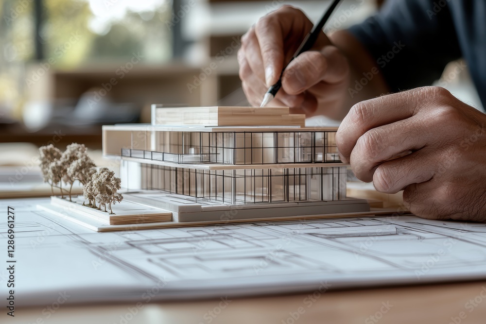 Poster architect at work: detailed blueprint sketching with modern building model for creative design