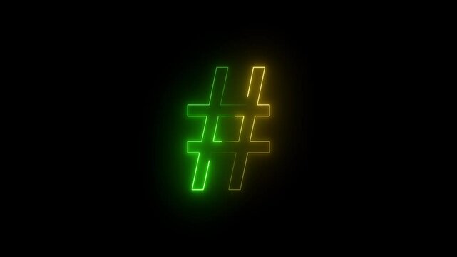 Hash tag animation neon icon. neon effect. neon glowing hash tag Animation on a black background