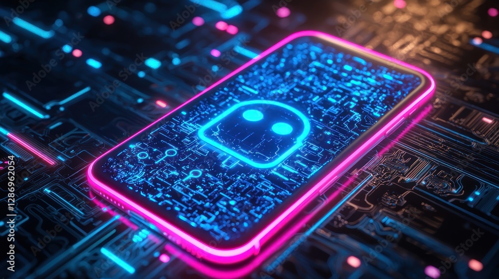 Poster glowing smartphone displaying digital robot icon with neon circuit board