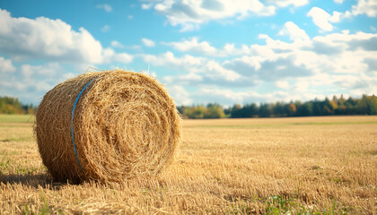Pile of hay on field on sunny day. Space for text