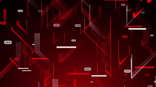 Big data, algorithms for calculating numbers on a red background. Glowing graphic lines, geometric shapes, hot backdrop. Red tech intro, looped. Background for TV show. Programming the information 