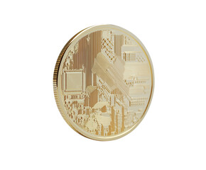 Golden coin with a digital blockchain pattern. PNG transparent.