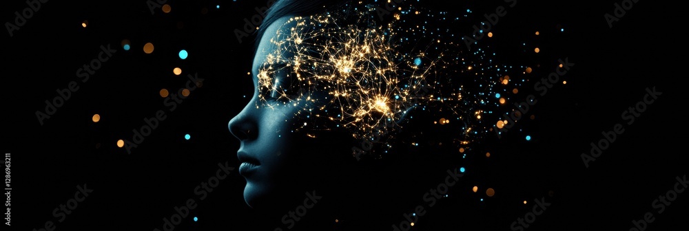 Poster Complex neural connections with glowing synapses depicting cybernetic intelligence in a human silhouette. Generative AI