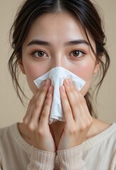 Young Asian woman holding a tissue to her nose, appearing unwell.