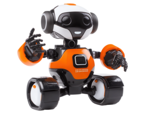 A small educational robot teaching kids coding, pure flat white background. PNG transparent.
