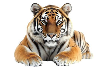 Obraz premium Portrait of tiger, lying on the ground with strong, focused eyes isolated on transparent background