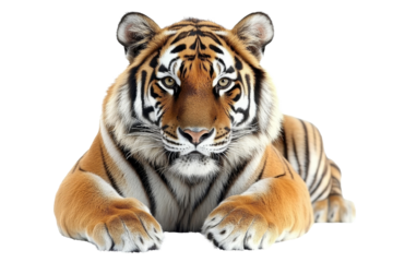 Portrait of tiger, lying on the ground with strong, focused eyes isolated on transparent background