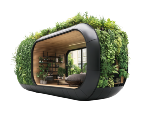 A sleek modular housing unit made with sustainable materials, pure flat white background. PNG transparent.