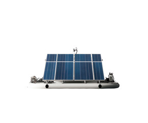A floating solar panel showcasing renewable energy innovation, pure flat white background. PNG transparent.