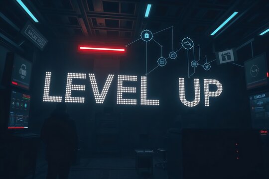 Futuristic arcade setting with neon 'Level Up' sign, glowing in a dimly lit room.