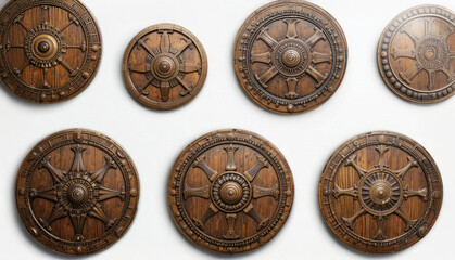 Collection of Decorative Wooden Shields with Intricate Designs on White Background