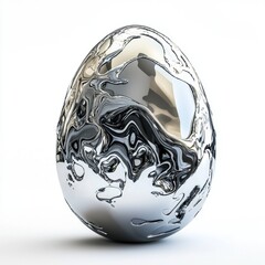 Happy Easter metallic egg with glossy chrome paint splashes reflecting light isolated on white background