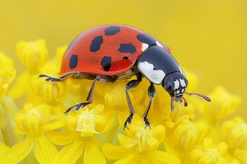 Fototapeta premium Seven spot ladybird resting on a vibrant yellow flower in beautiful bavaria, germany