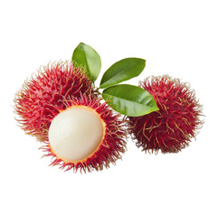 Vibrant rambutan fruits with spiky red skin and green leaves, showcasing one fruit with its white, juicy flesh exposed.