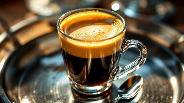 Rich espresso in a glass cup, served on a silver tray, adding a touch of elegance.
