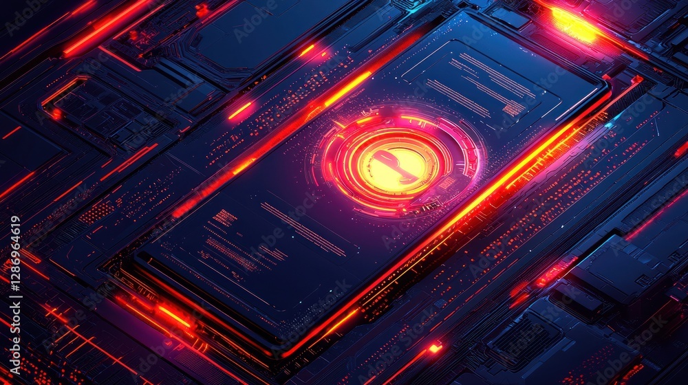 Aufkleber abstract tech circuit board with glowing energy core network design
