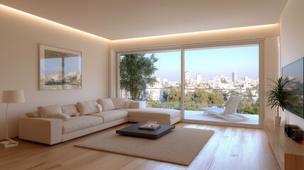 Fototapeta premium Modern apartment living room, city view, balcony, relaxation