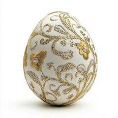 Happy Easter soft egg with velvet texture and delicate golden embroidery isolated on white background