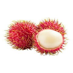 A vibrant group of rambutan fruits showcasing their hairy red skin and a single exposed, juicy white flesh.