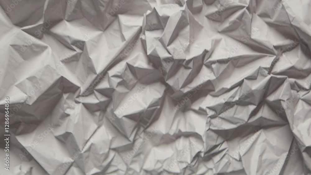 Poster close-up shot of crumpled paper texture, creating an abstract, geometric pattern. the video captures