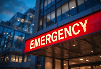 Bright red emergency sign illuminating the entrance of a modern hospital at dusk, highlighting the critical nature of urgent medical care.