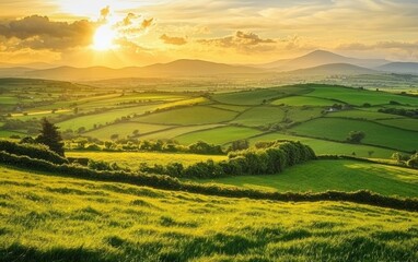 Obraz premium Irish countryside rolling hills with a golden sunrise glow for Saint Patricks Day
