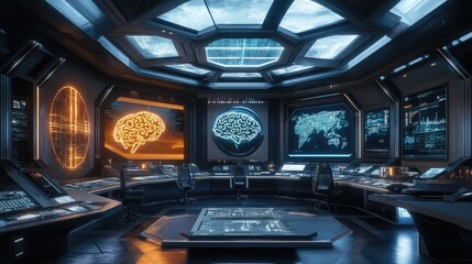 Futuristic Control Room: AI Brain Interface & Global Network Monitoring