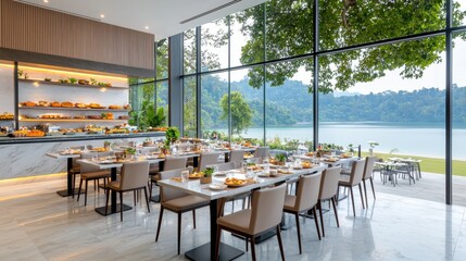 Lakeside restaurant breakfast buffet, lush view