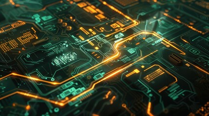 Futuristic Digital Finance Concept with Glowing Circuitry and Currency Symbols for Tech Design