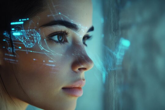 A woman's face is projected with futuristic data streams, symbolizing technological integration and human evolution.