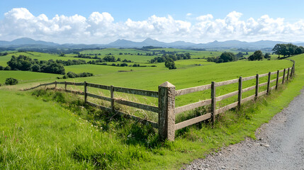 Rolling hills farm fence summer landscape