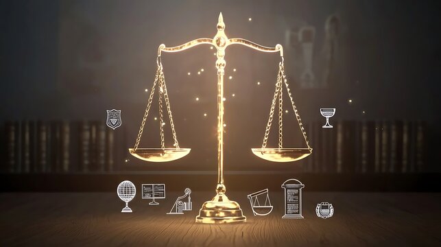 A glowing balance scale suspended in mid-air, surrounded by legal icons,
