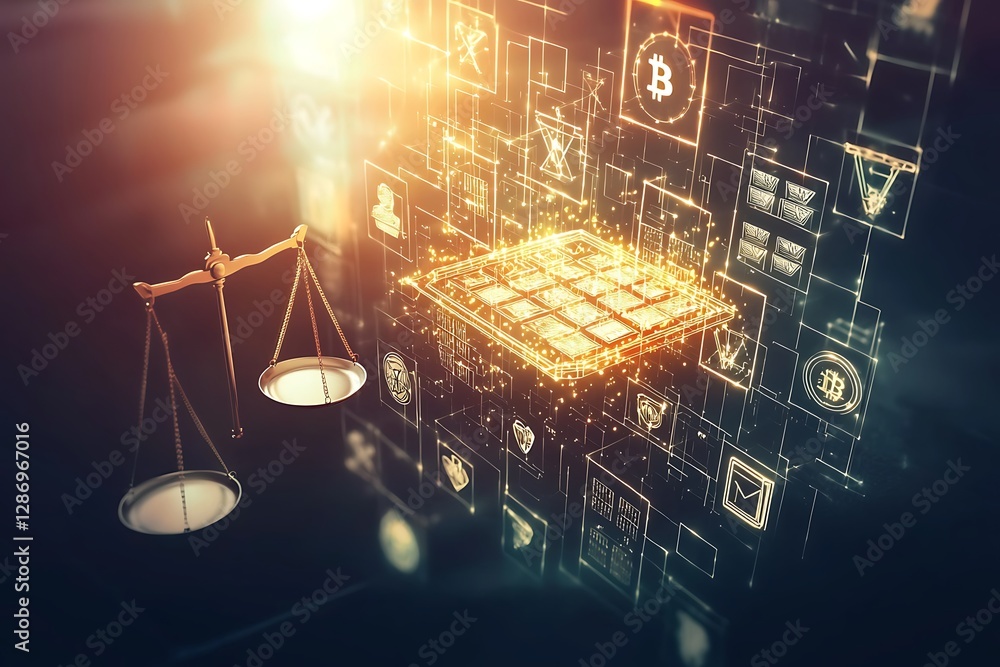 Poster a glowing blockchain ledger with legal scales and law icons floating around it