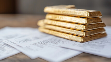 Stack of Gold Bars Next to Unpaid Bills and Eviction Notices