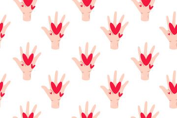 Fototapeta premium Seamless pattern with raised up hand with hearts