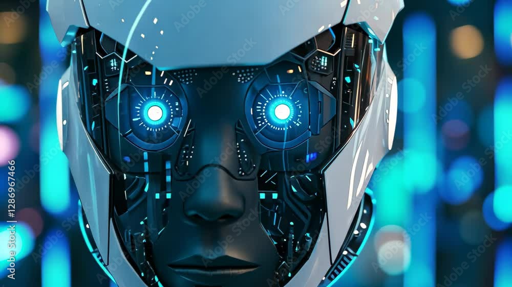 Poster a detailed closeup portrait of a high-tech robot showcasing its illuminated features and intricate d