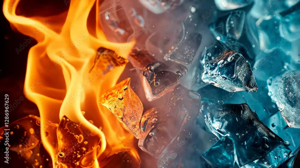 Poster a surreal blend of fire and ice textures illustrating the contrast between hot flames and cold ice c