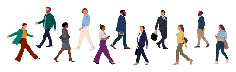Fototapeta premium Set of Diverse business people walking side view. Modern men and women different ethnicities, ages and body types in smart casual and formal office outfits with phone, briefcase, bags. Vector isolated