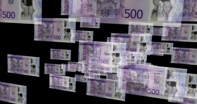 Jamaica dollar 500 JMD banknote loop. Flying between transparent money Jamaican note. 3D seamless looped abstract concept of business, economy, finance, crisis and banking.