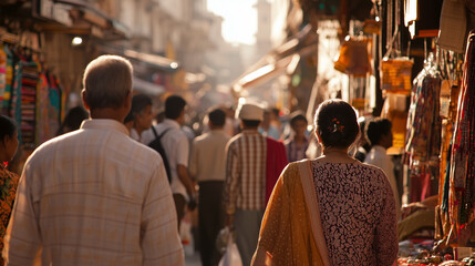 Fototapeta premium Wealthy family shopping for designer clothes alongside street vendor