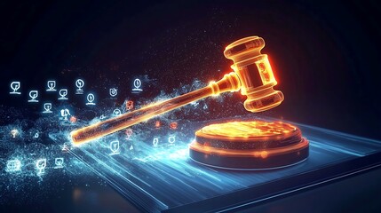 A glowing digital gavel striking a sleek platform, emitting waves justice symbols and light trails,