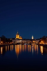 Fototapeta premium Frankfurt's glittering night panorama, river reflection, photo, illuminated