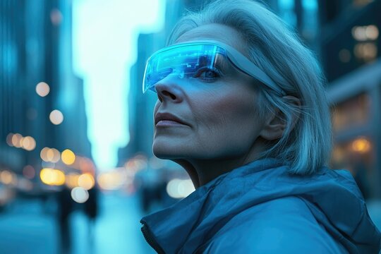 A woman wearing futuristic glasses looks towards a city at night, contemplating the future of technology. - Powered by Adobe