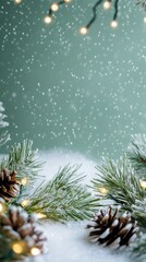 Rustic Light Green Background with Snow and Pine Cones.