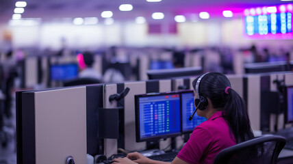 busy call center with rows of cubicles, employees wearing headsets, and computer screens displaying data. atmosphere is focused and professional