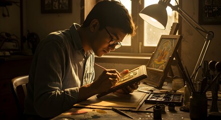 Fototapeta premium Artist working on illustration at desk in morning sunlight. Man drawing in sketchbook with lamp and computer setup. Creative workspace in golden hour lighting with cozy atmosphere