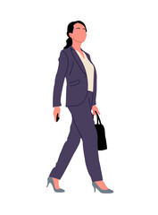 Business woman walking side view. Pretty girl in smart casual office outfit with smart phone and bag. Vector realistic illustration isolated