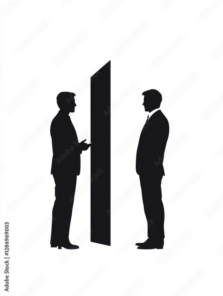 Leinwandbilder two silhouettes converse in front of a tall vertical panel in a minimalist setting, conveying a mome